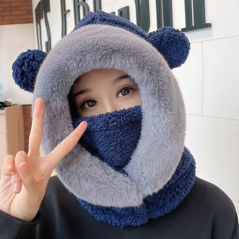 Thickened Plush Bear Ears One-Piece Mask Hat Scarf