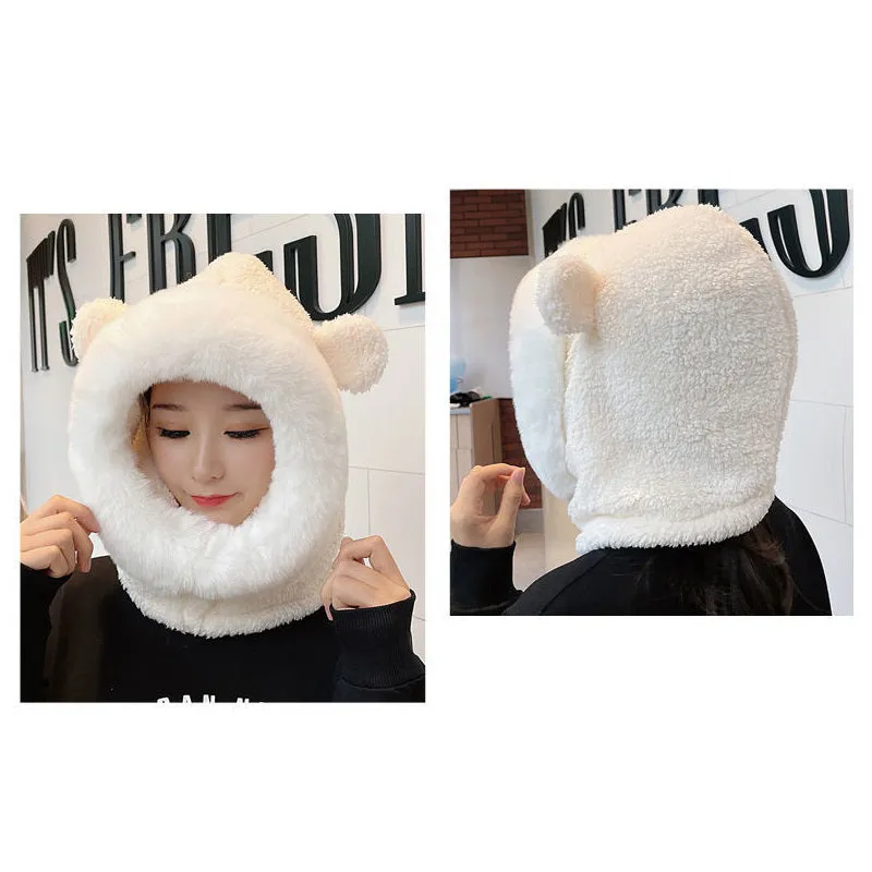 Thickened Plush Bear Ears One-Piece Mask Hat Scarf