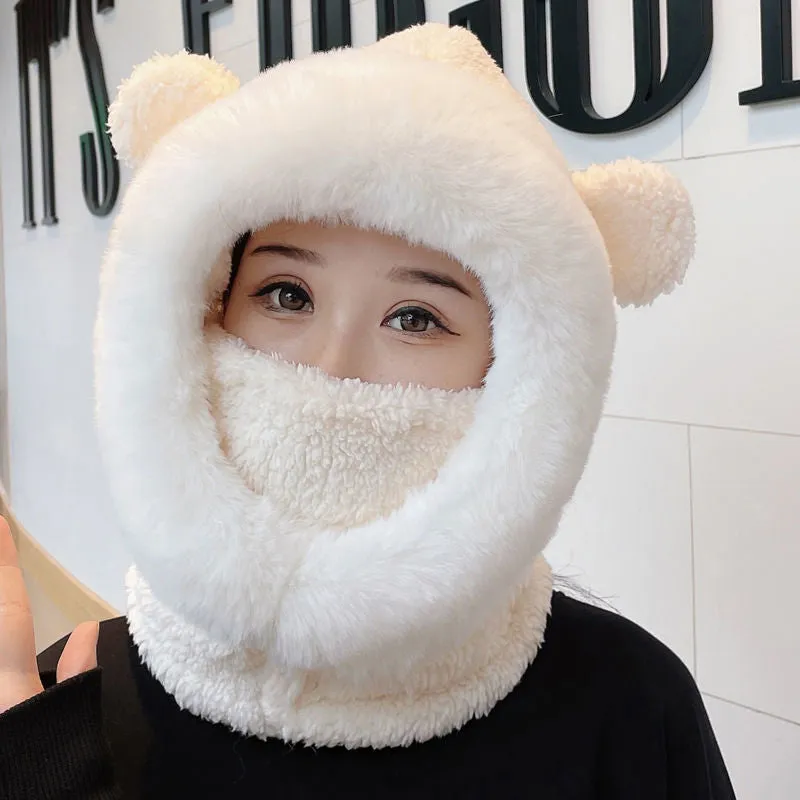 Thickened Plush Bear Ears One-Piece Mask Hat Scarf