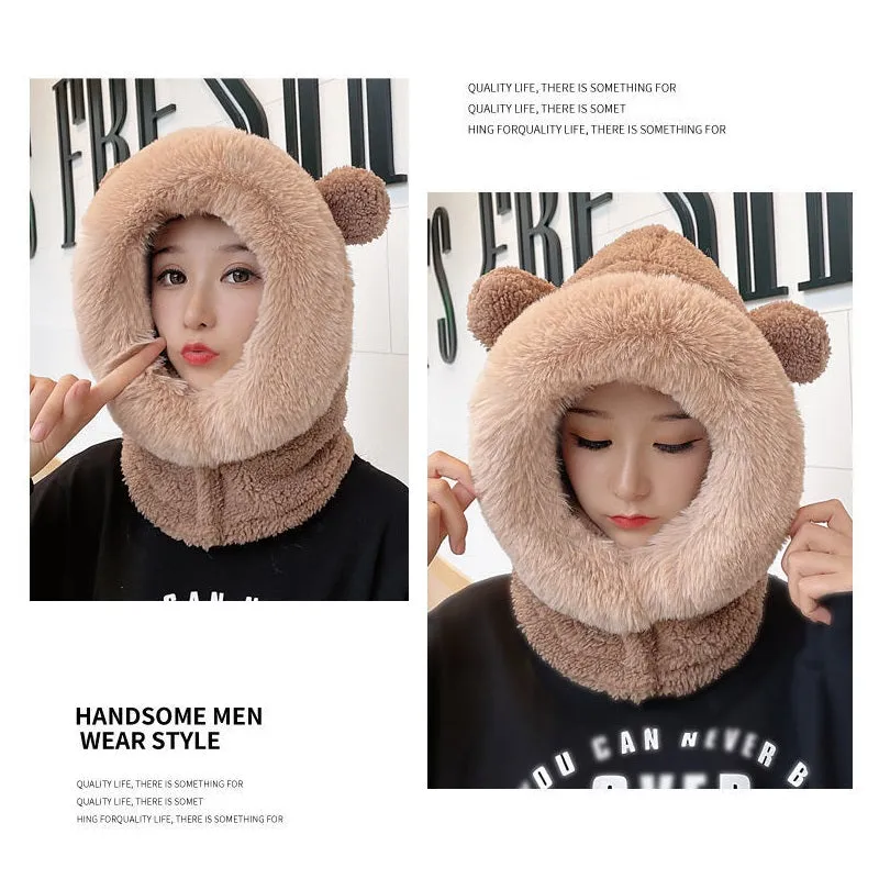 Thickened Plush Bear Ears One-Piece Mask Hat Scarf