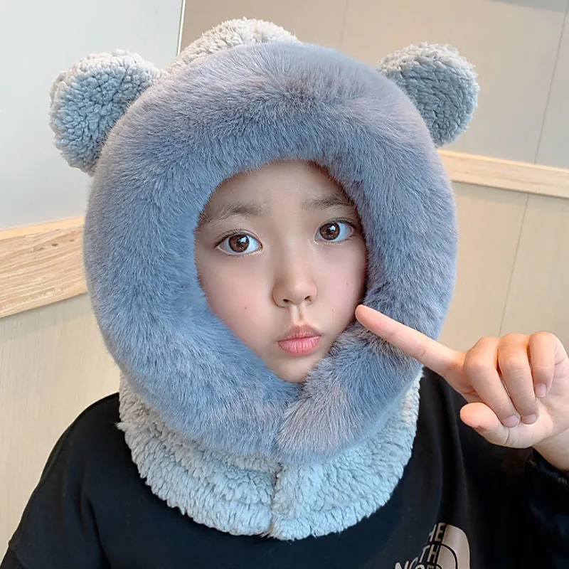 Thickened Plush Bear Ears One-Piece Mask Hat Scarf