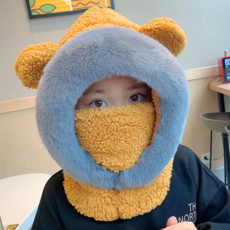 Thickened Plush Bear Ears One-Piece Mask Hat Scarf