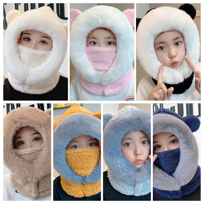 Thickened Plush Bear Ears One-Piece Mask Hat Scarf