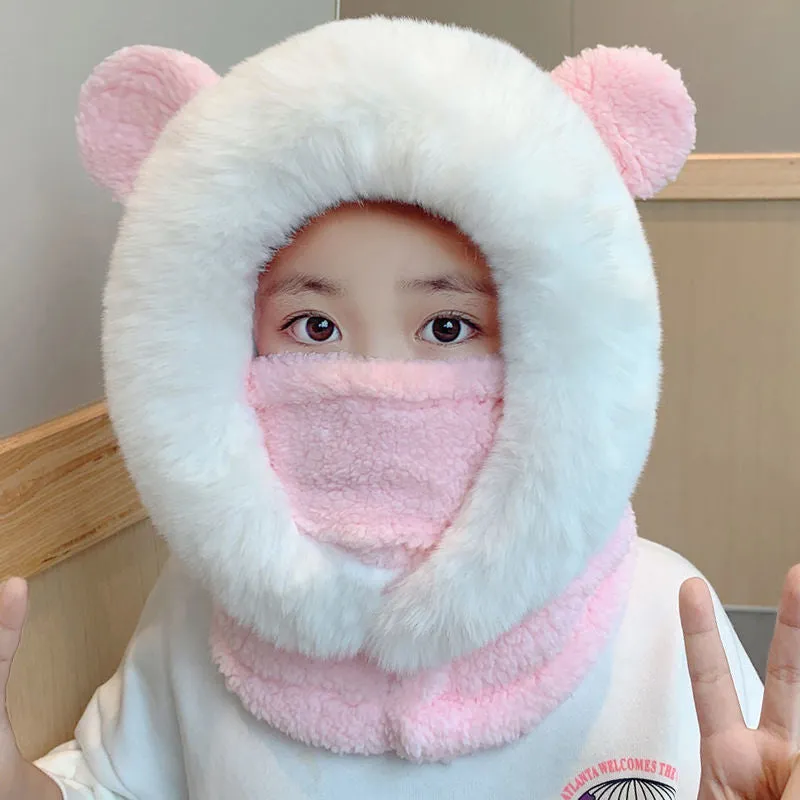 Thickened Plush Bear Ears One-Piece Mask Hat Scarf