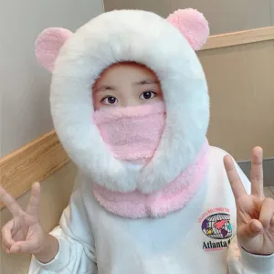 Thickened Plush Bear Ears One-Piece Mask Hat Scarf