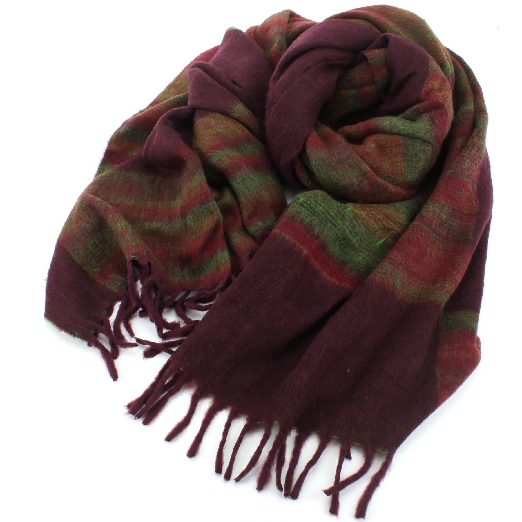 Tibetan Wool Blend Shawl Blanket - Maroon with Green & Red Reverse