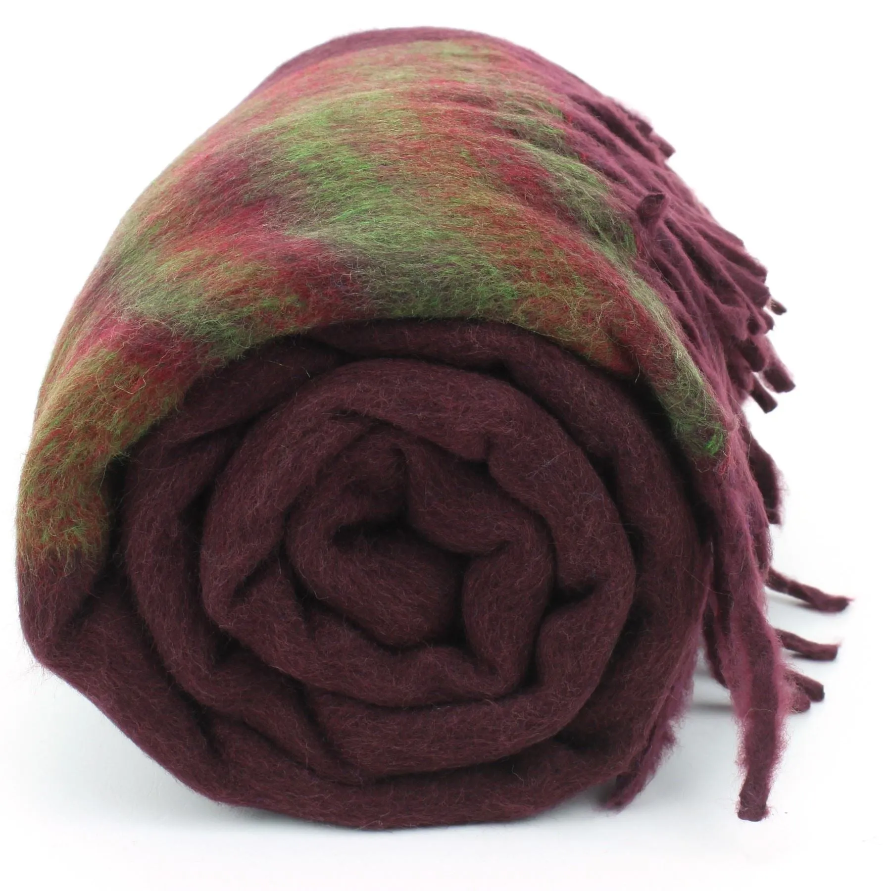 Tibetan Wool Blend Shawl Blanket - Maroon with Green & Red Reverse