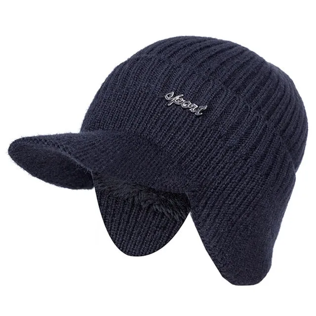 Unisex Stylish Add Fur Lined With Brim Soft Beanie Outdoor Knitted Woolen Warm Winter Cap