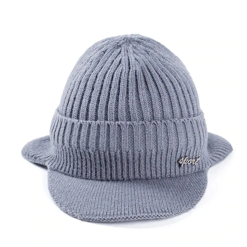 Unisex Stylish Add Fur Lined With Brim Soft Beanie Outdoor Knitted Woolen Warm Winter Cap