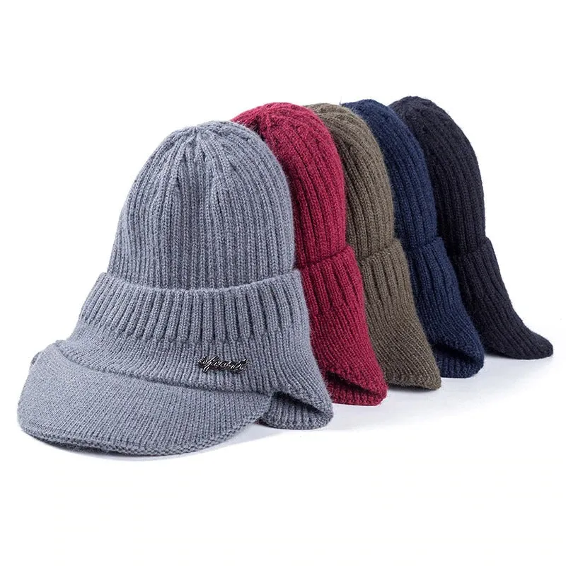 Unisex Stylish Add Fur Lined With Brim Soft Beanie Outdoor Knitted Woolen Warm Winter Cap