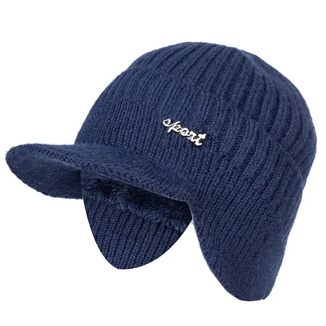 Unisex Stylish Add Fur Lined With Brim Soft Beanie Outdoor Knitted Woolen Warm Winter Cap