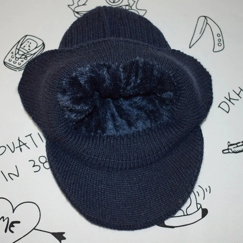 Unisex Stylish Add Fur Lined With Brim Soft Beanie Outdoor Knitted Woolen Warm Winter Cap