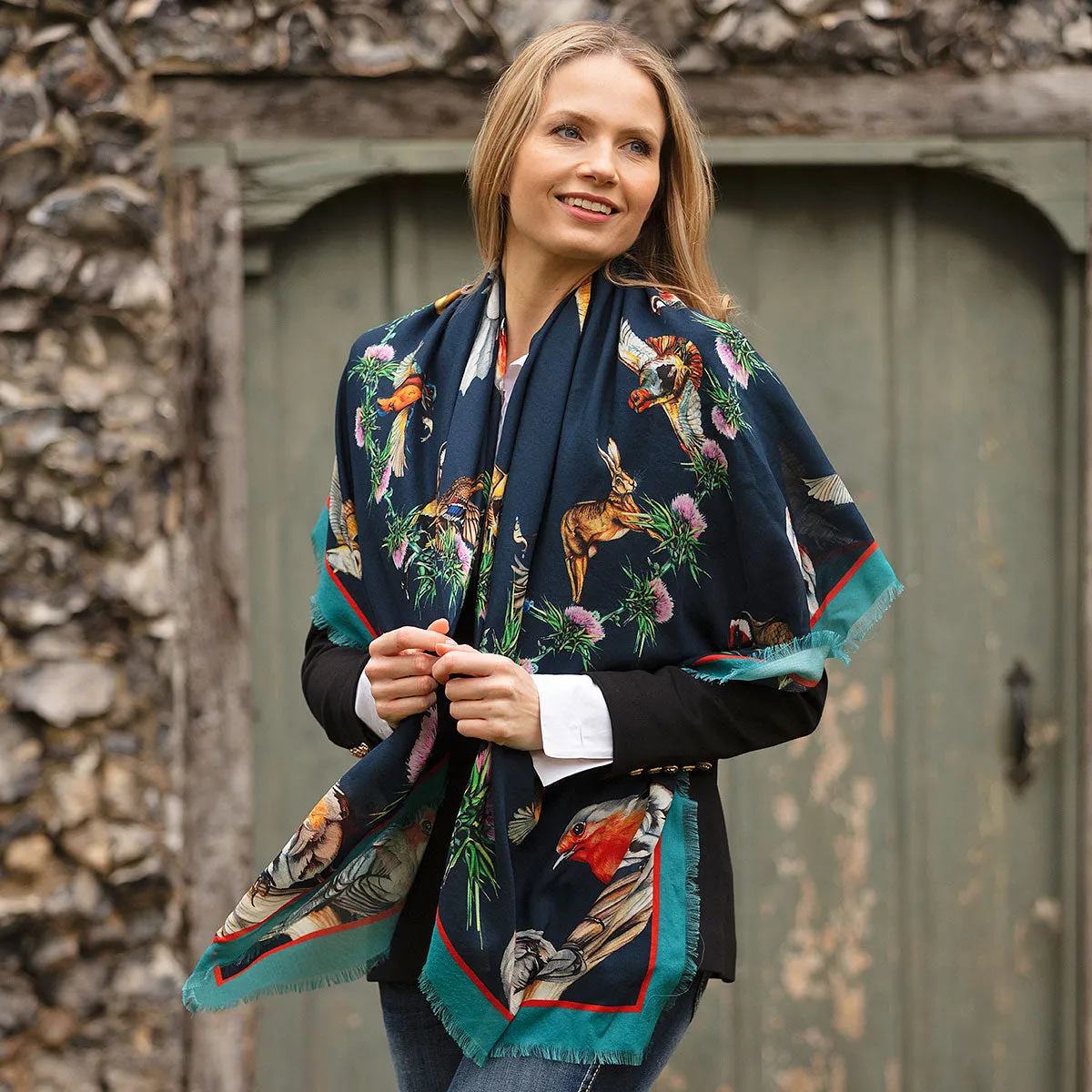 Walk On The Wildside Navy Wool Silk Shawl