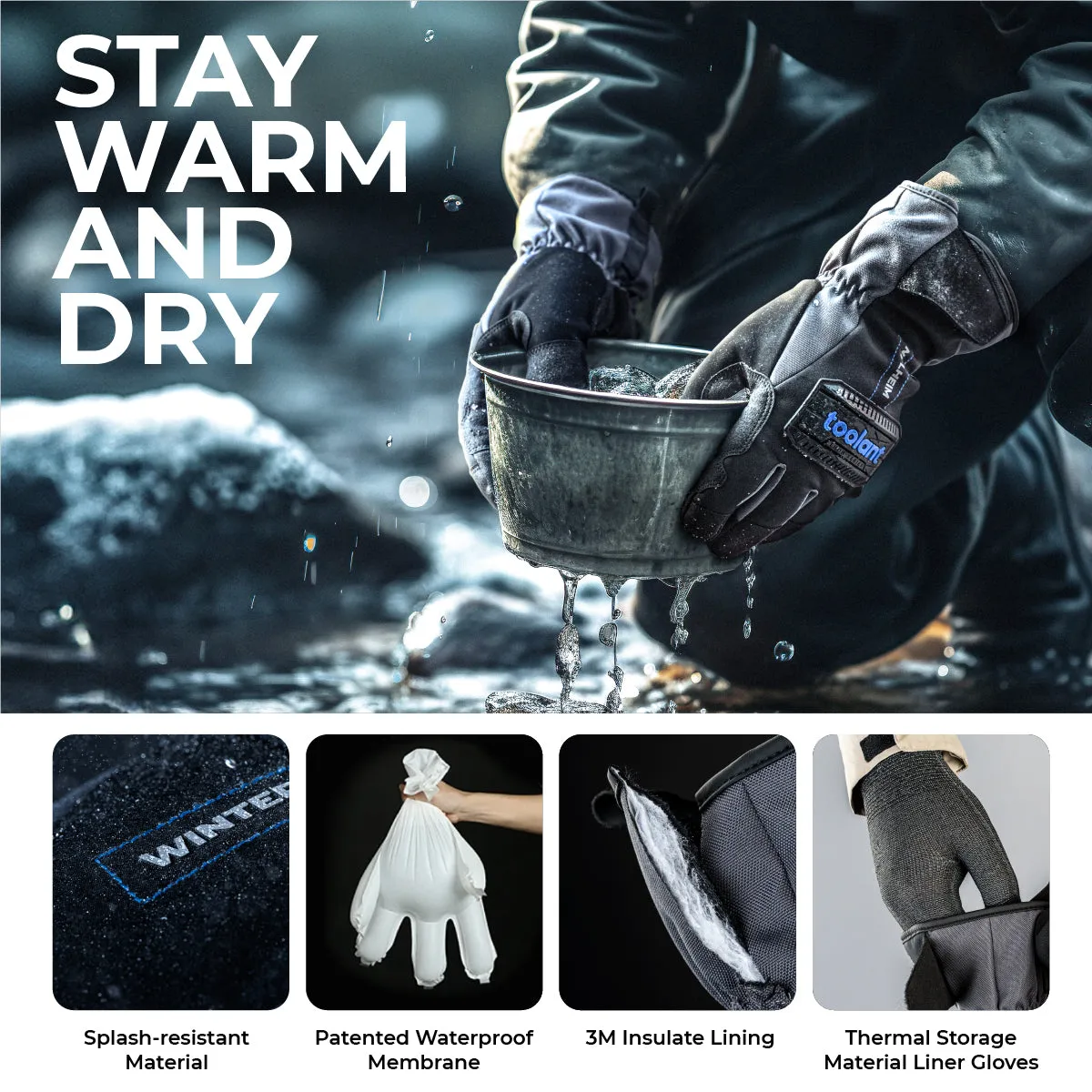 Waterproof Winter Work Gloves Men with Long Cuff, Warm 3M Insulate Lining, Cold Weather for Outdoor Activities