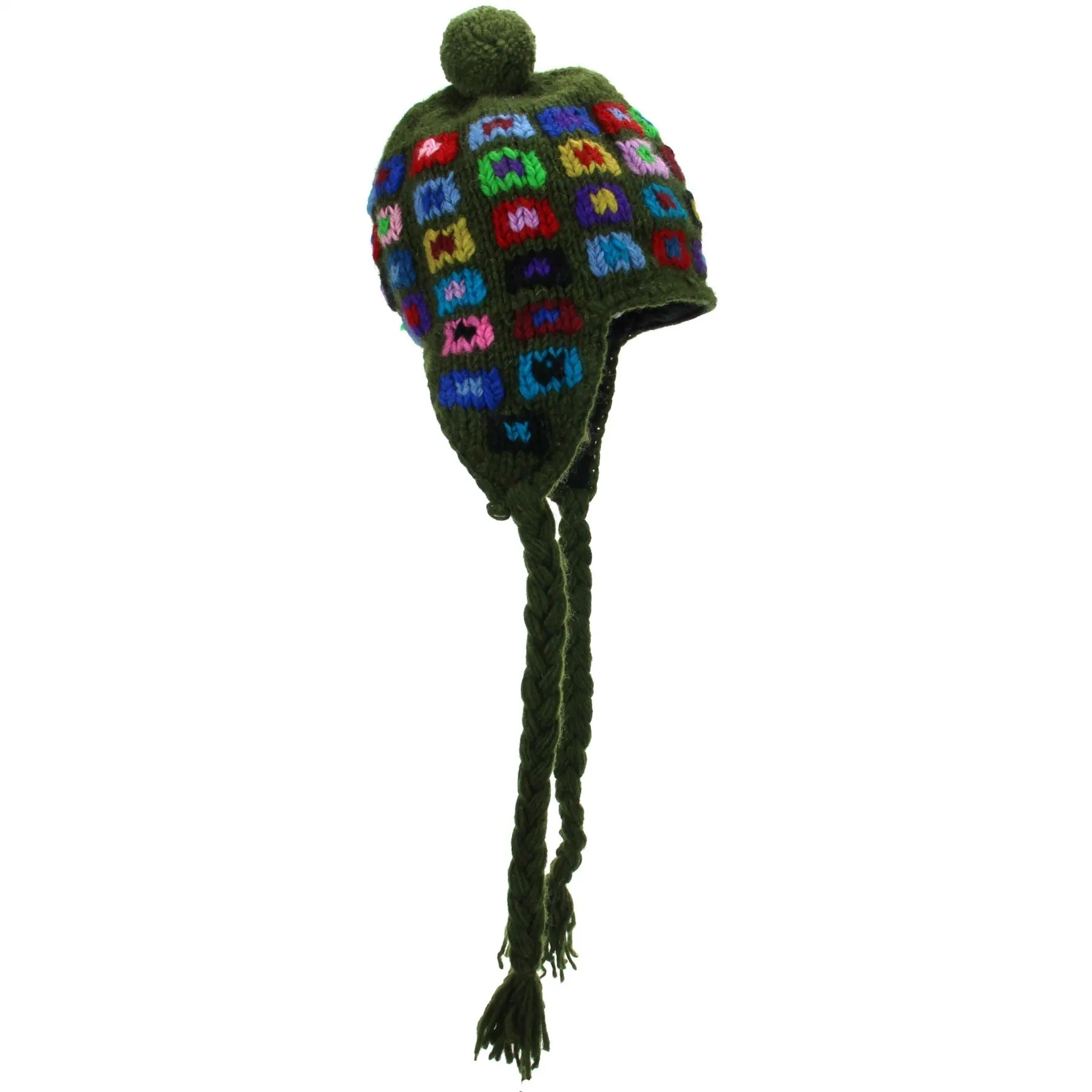 Wool Knit Earflap Bobble Hat - Square Green