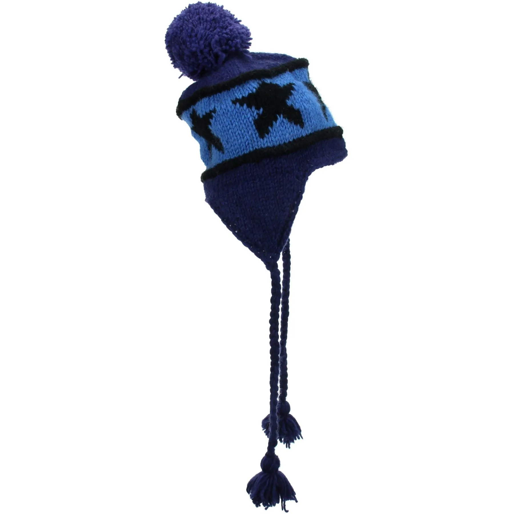 Wool Knit Earflap Bobble Hat - Star Blue