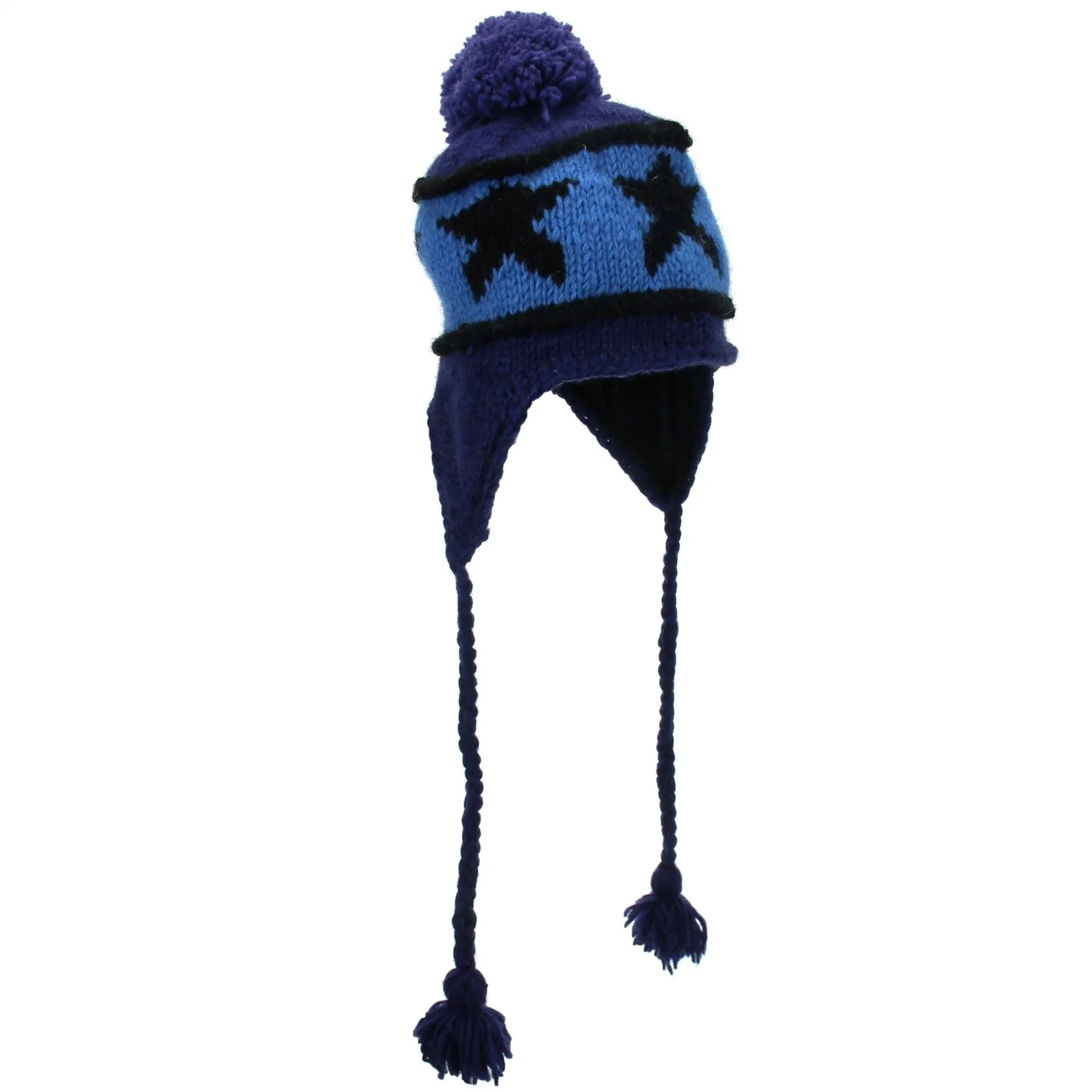 Wool Knit Earflap Bobble Hat - Star Blue