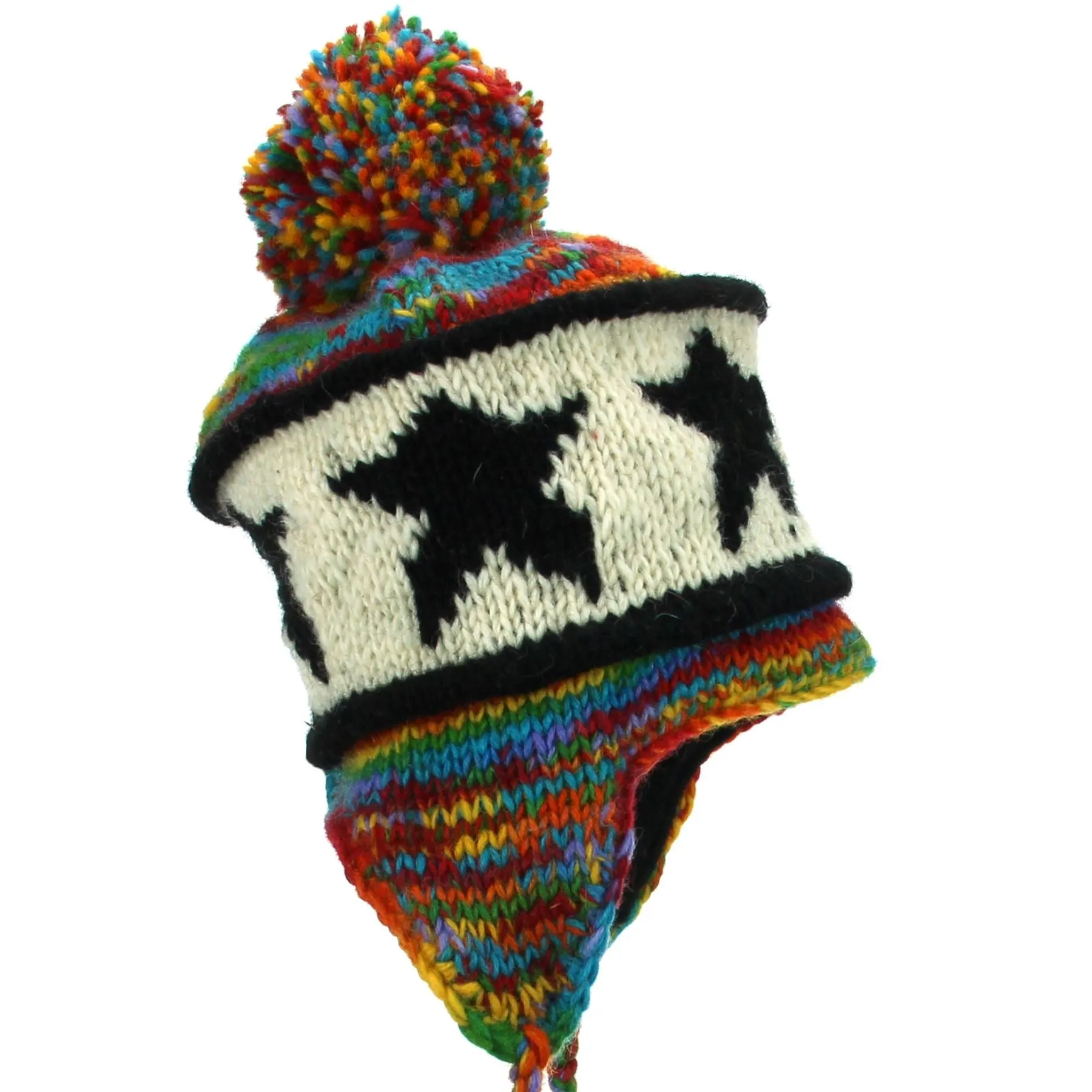 Wool Knit Earflap Bobble Hat - Star Rainbow SD