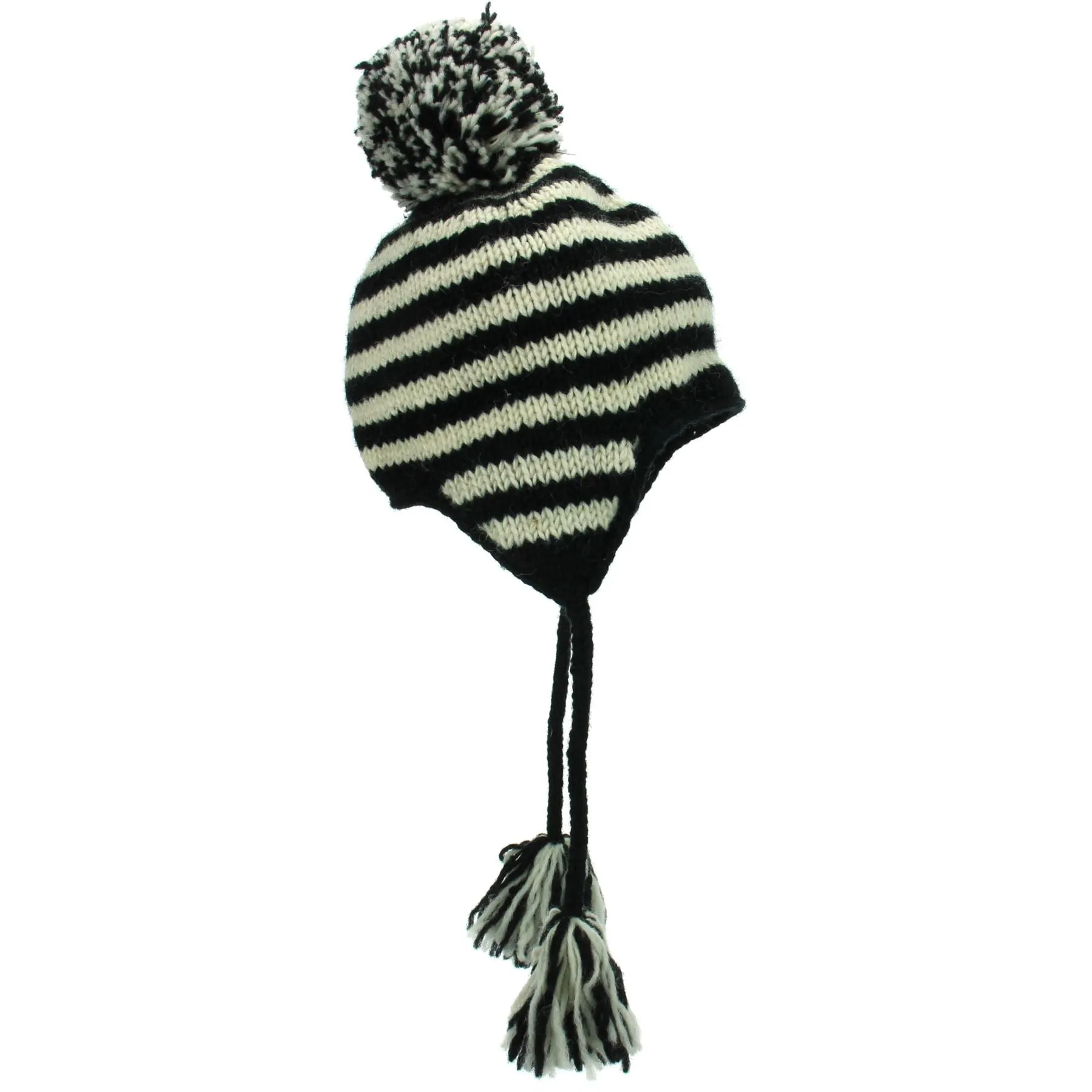 Wool Knit Earflap Bobble Hat - Stripe Cream Black