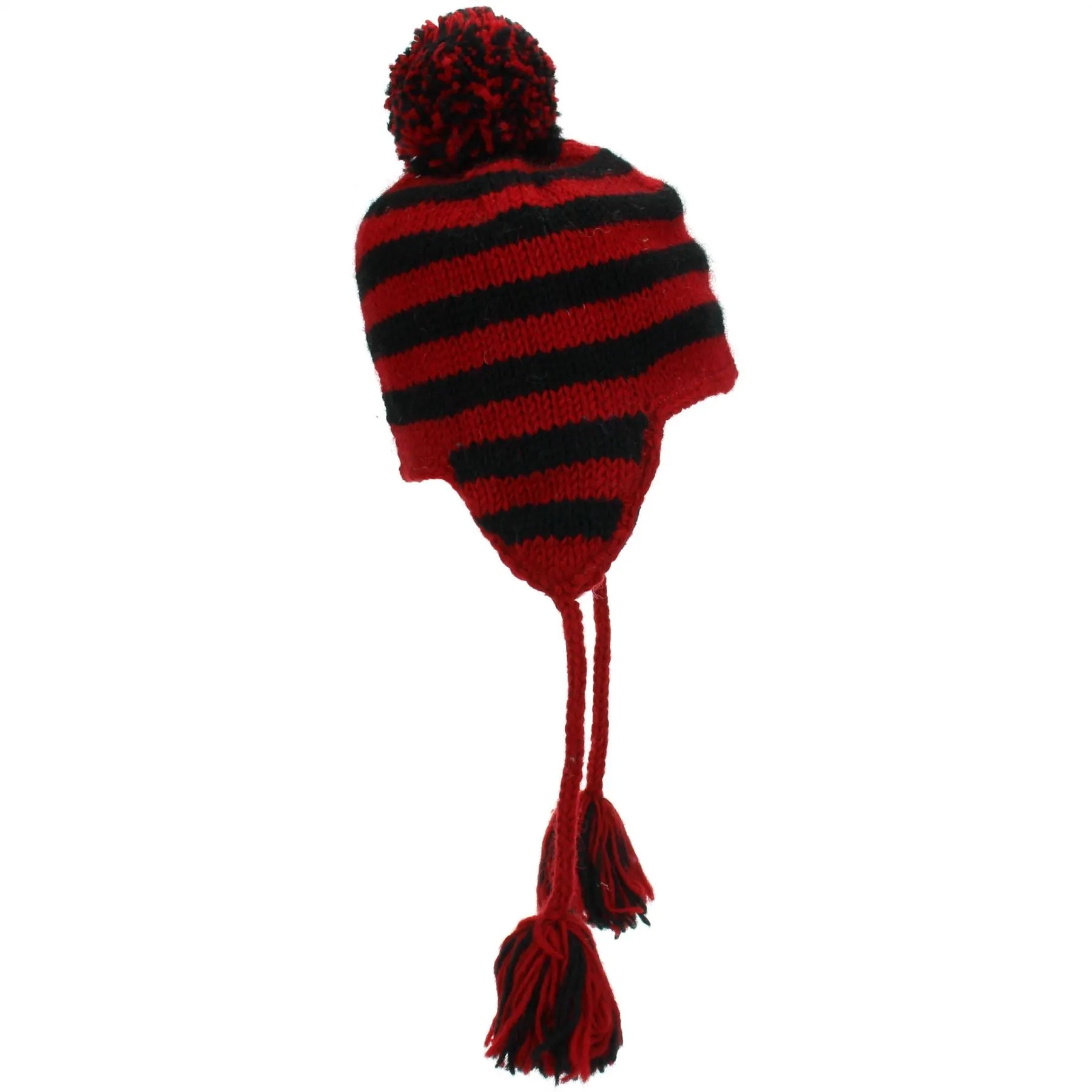 Wool Knit Earflap Bobble Hat - Stripe Red Black