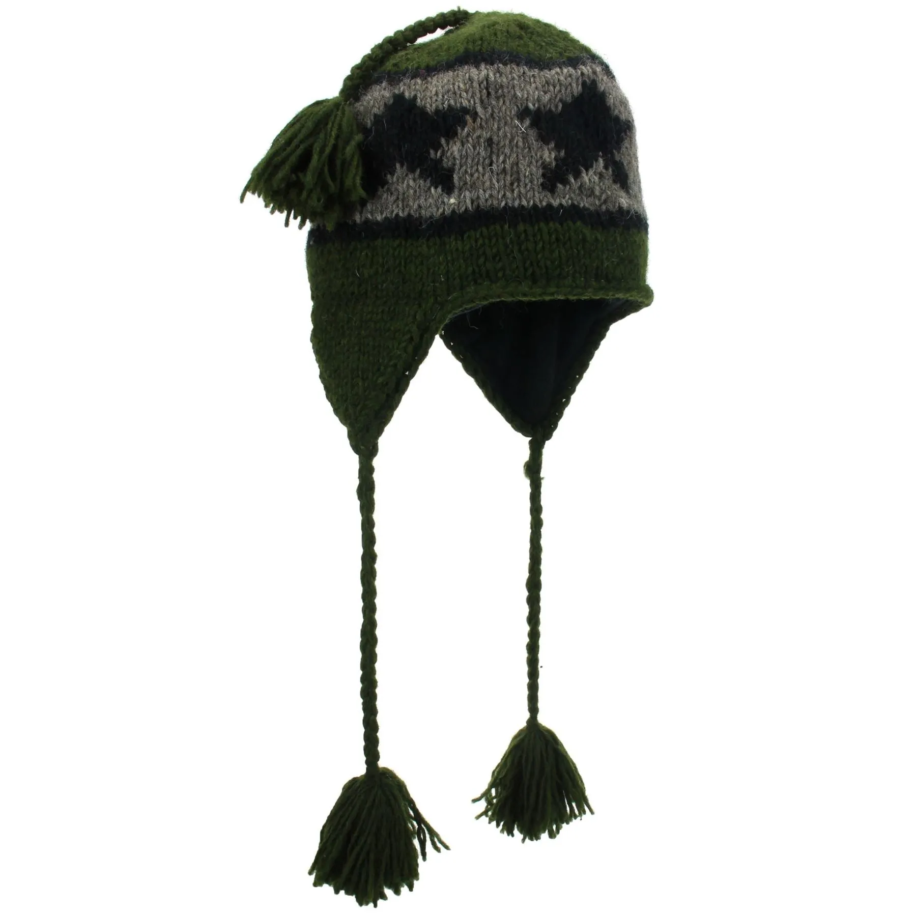 Wool Knit Earflap Tassel Hat - Star Green