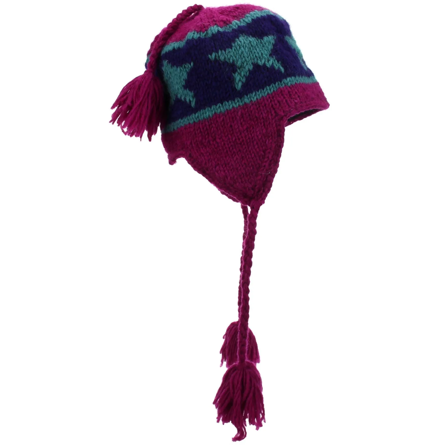 Wool Knit Earflap Tassel Hat - Star Maroon