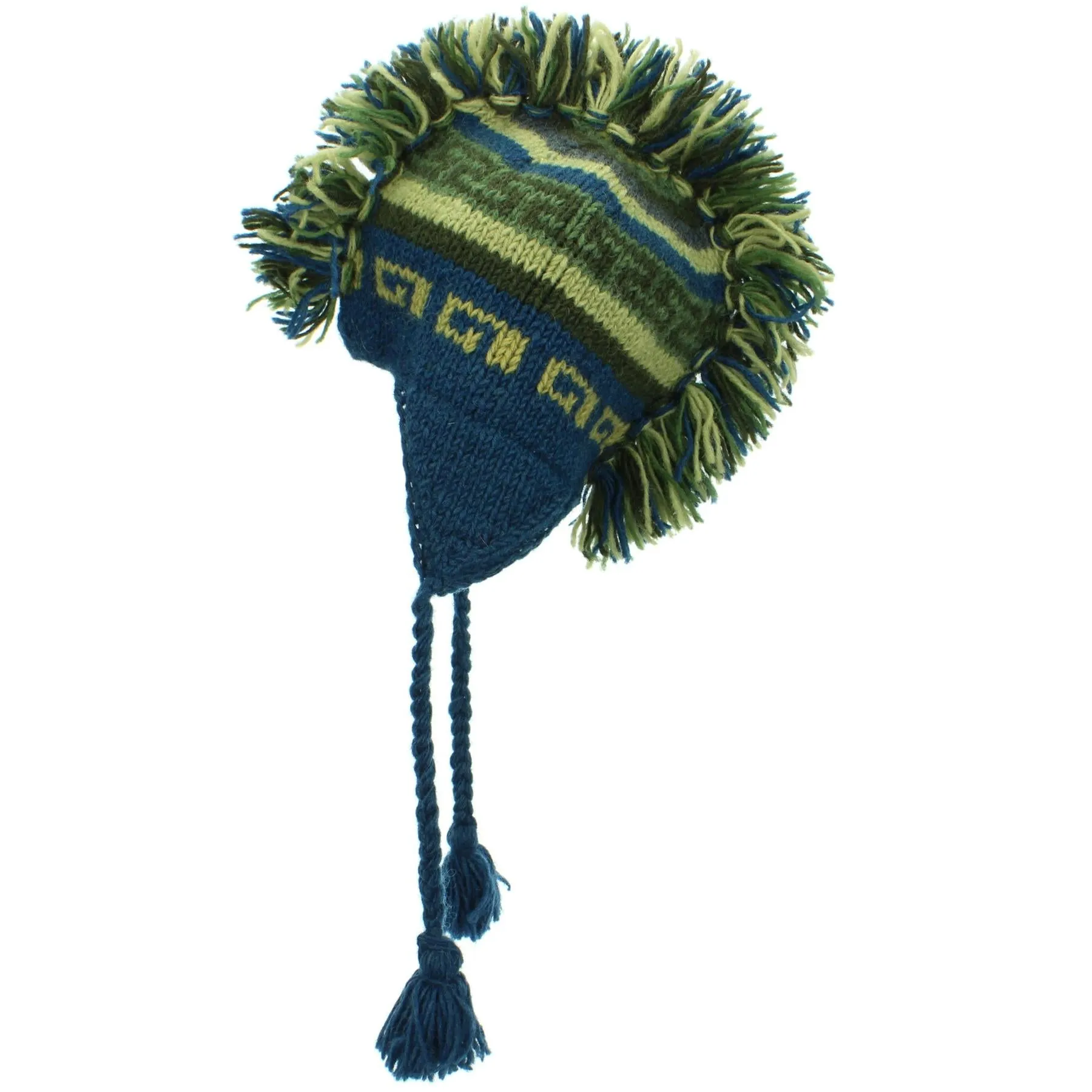 Wool Knit 'Punk' Mohawk Earflap Beanie Hat - Blue & Green