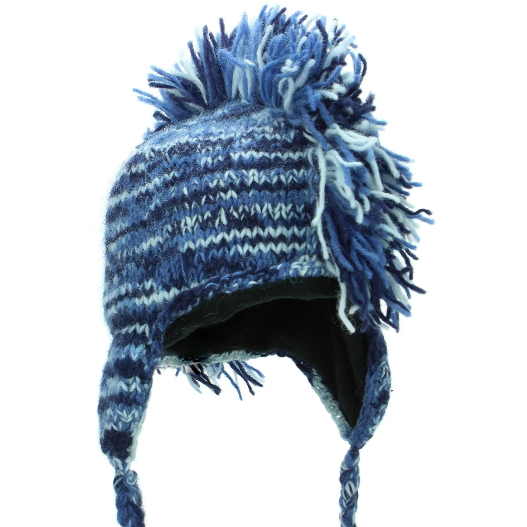 Wool Knit 'Punk' Mohawk Earflap Beanie Hat - Blue Space Dye