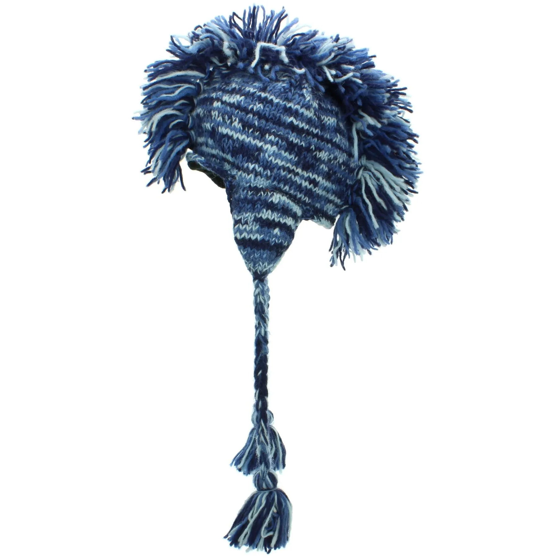 Wool Knit 'Punk' Mohawk Earflap Beanie Hat - Blue Space Dye