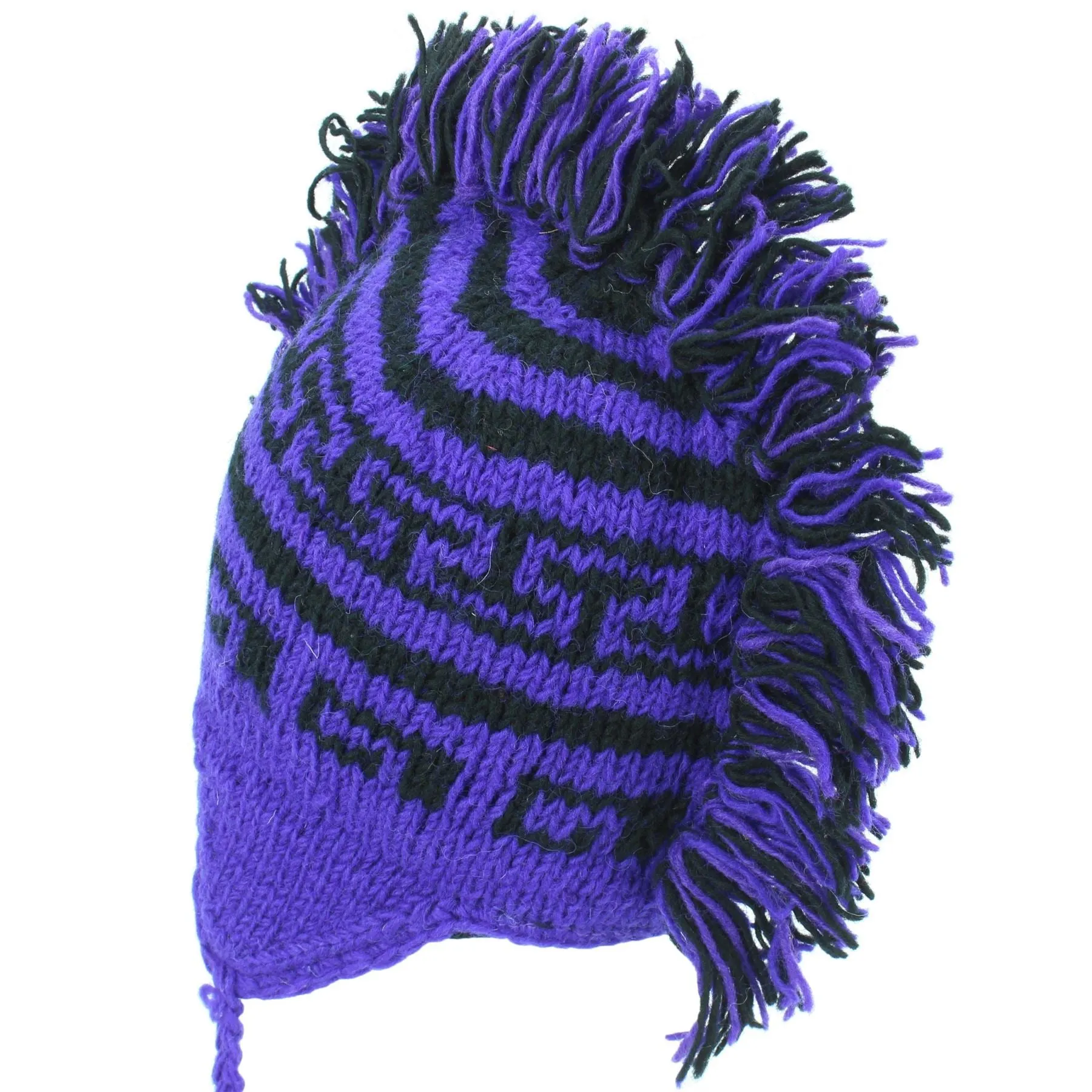 Wool Knit 'Punk' Mohawk Earflap Beanie Hat - Purple & Black